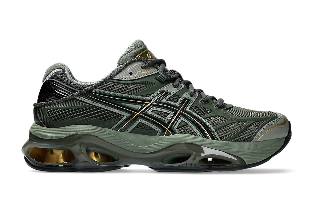 ASICS GEL-Kinetic 2.0 in Olive Green with gold GEL heel cushioning and layered sage side motif - detail view 2