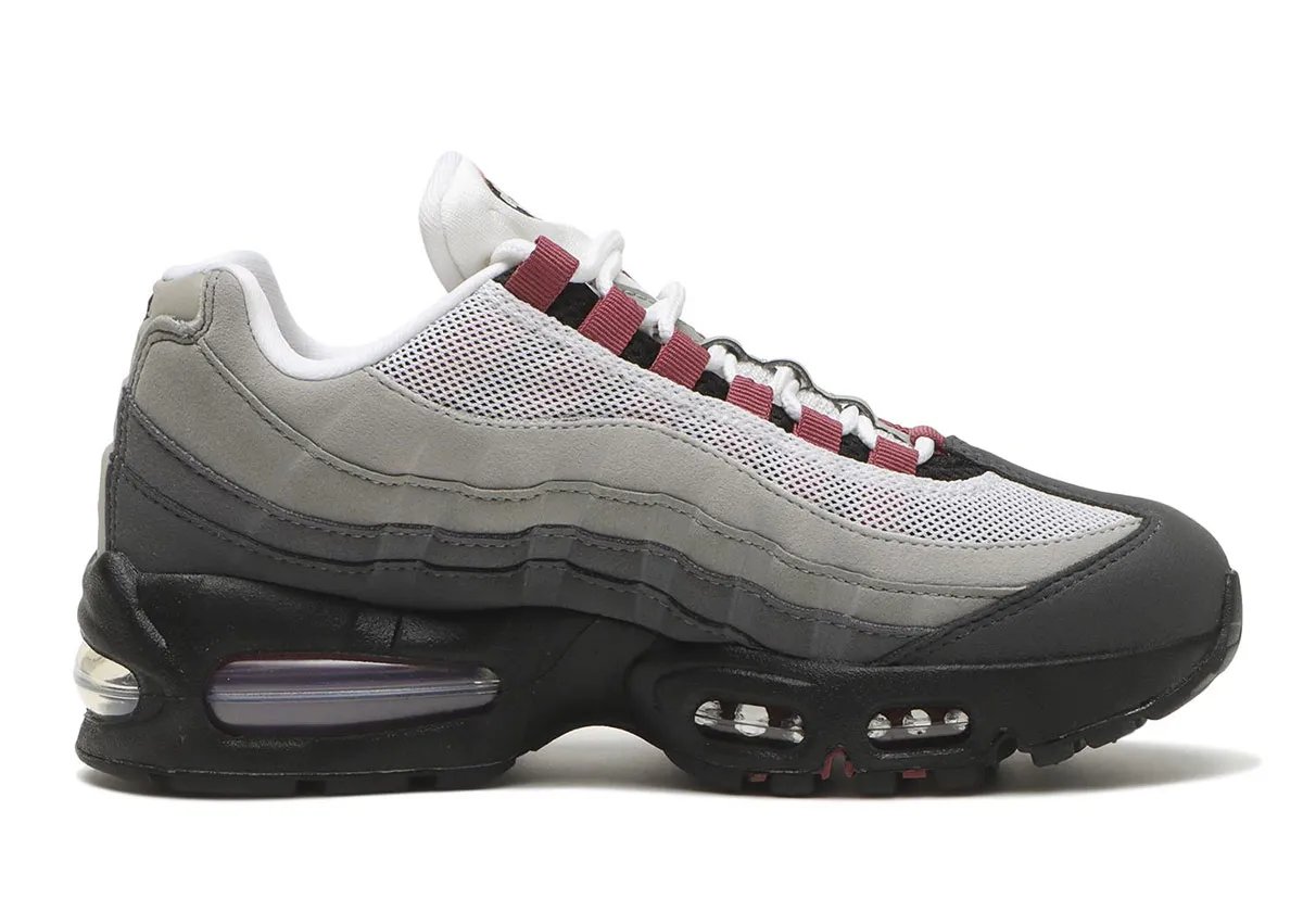 Nike Air Max 95 Pink Smoke in grey suede with pink smoke accents and black midsole, women's sizing - detail view 2