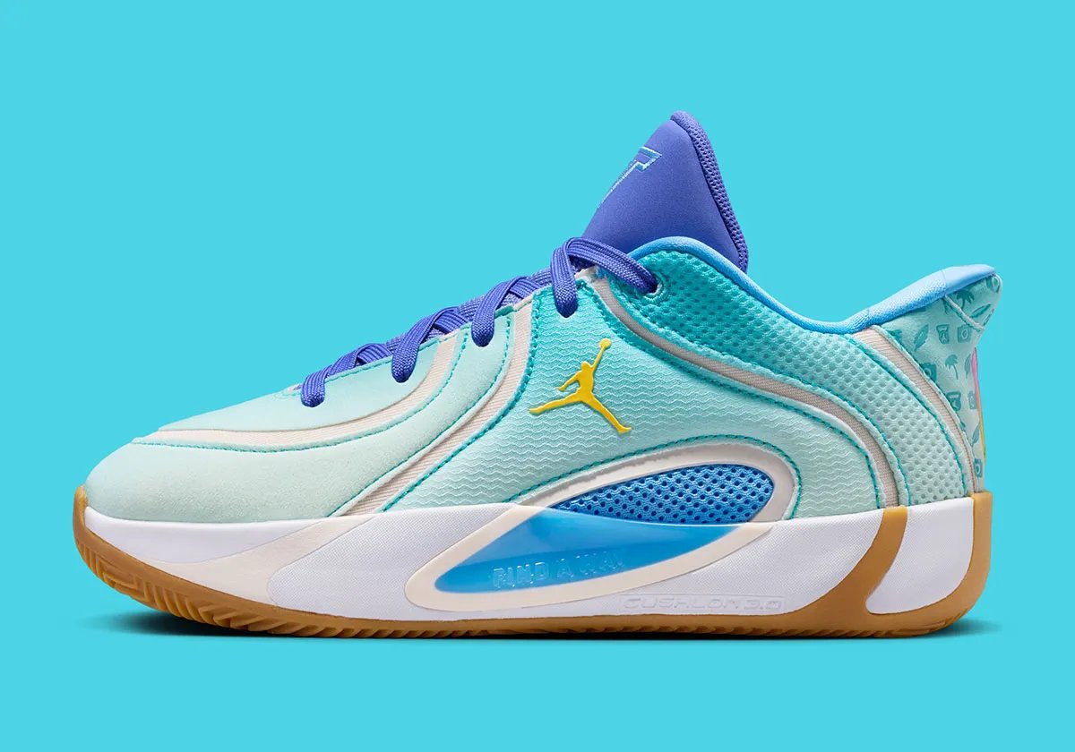 Jordan Tatum 4 in light summer colorway with mesh upper and minimal design accents - detail view 1