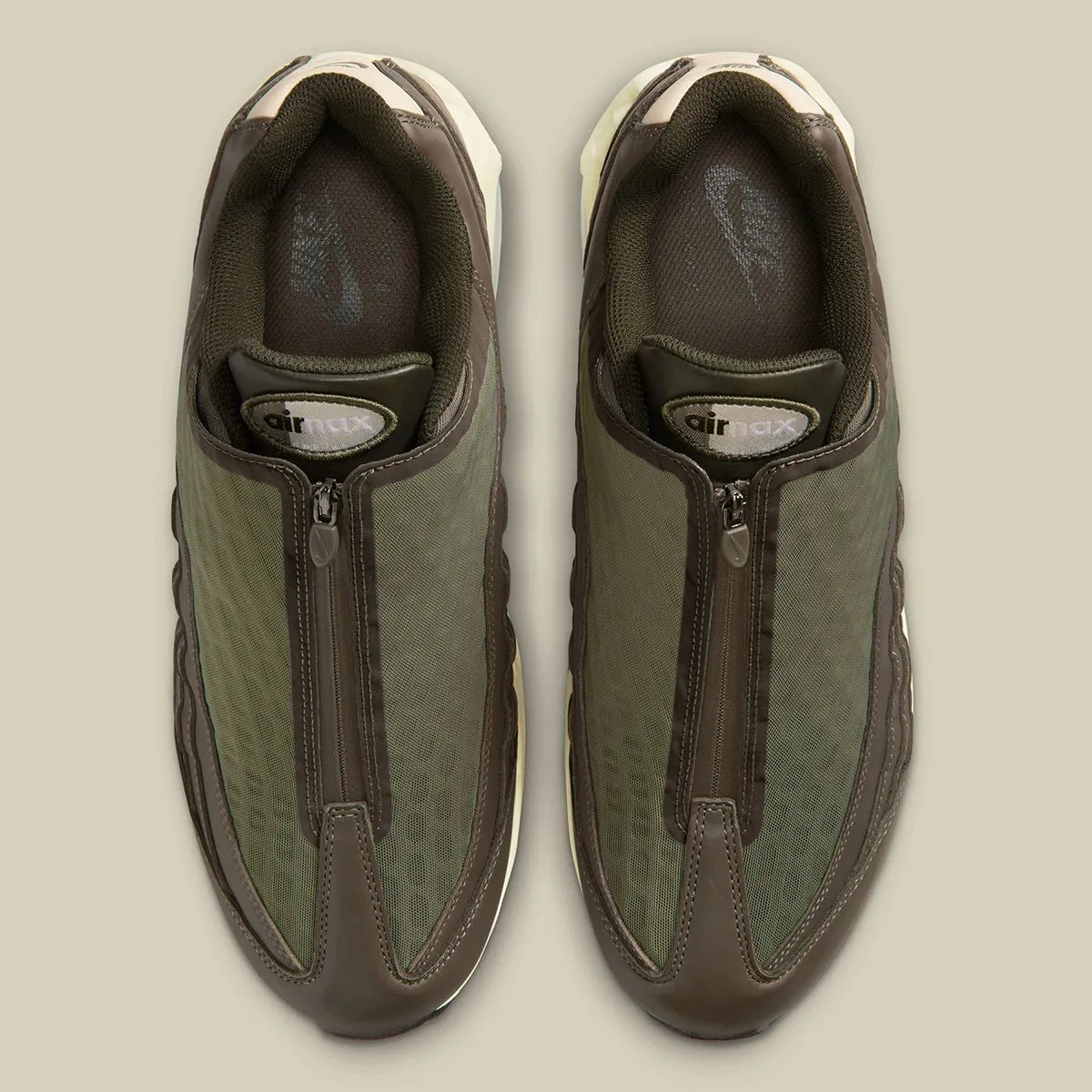 Nike Air Max 95 Zip in Medium Olive, Alabaster, and Velvet Brown with mesh construction and aged sole - detail view 3