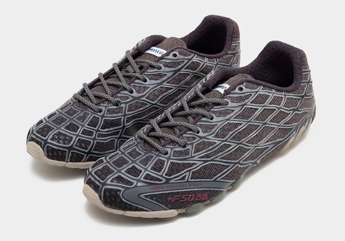 Bad Bunny x adidas F50 Ghost Sprint Charcoal featuring layered mesh upper with grey cage detailing and dark red branding - detail view 2