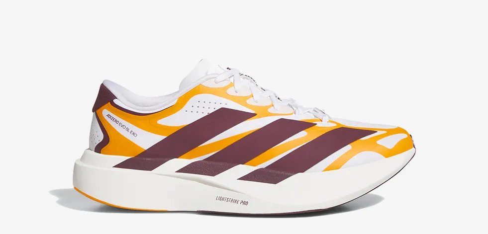 adidas EVO SL EXO in Tennessee colorway featuring white base, metallic silver exoskeleton, and orange Three Stripes with Volunteers branding - detail view 2