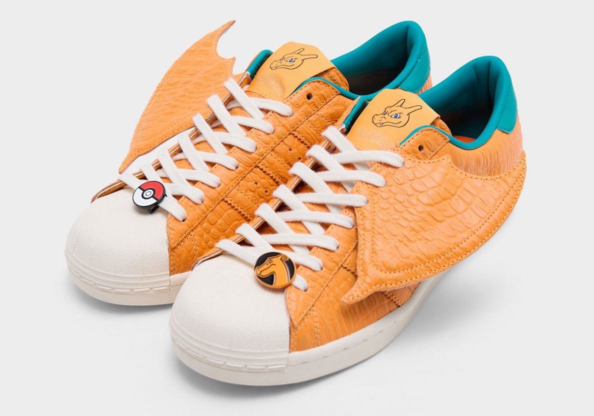 adidas Superstar with Charizard design featuring orange textured leather and removable leather wings - detail view 2