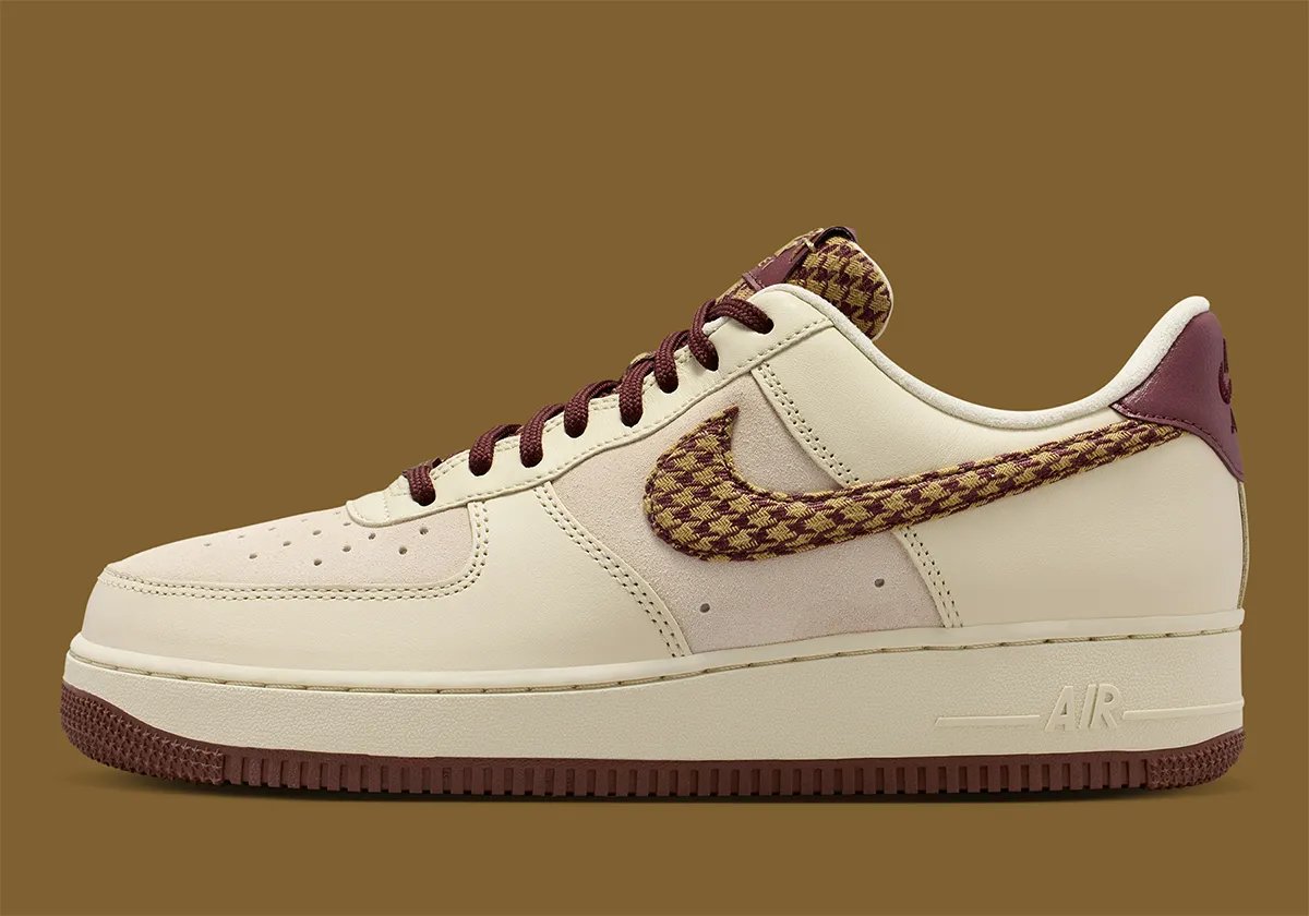 Nike Air Force 1 Low in khaki suede and leather with multicolor khaki and maroon houndstooth pattern on Swoosh and tongue - detail view 1