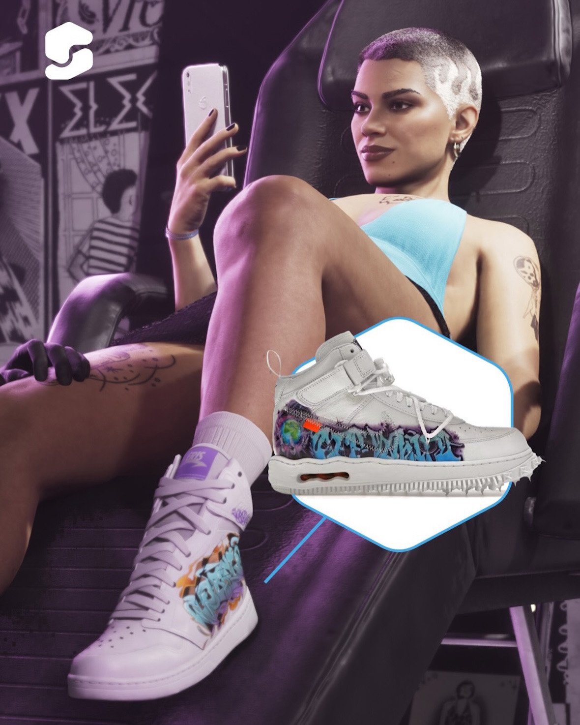 Character wearing graffiti-covered mid-top sneaker in Grand Theft Auto 6 Extended Look, inspired by Off-White x Nike Air Force 1 Mid design - detail view 3