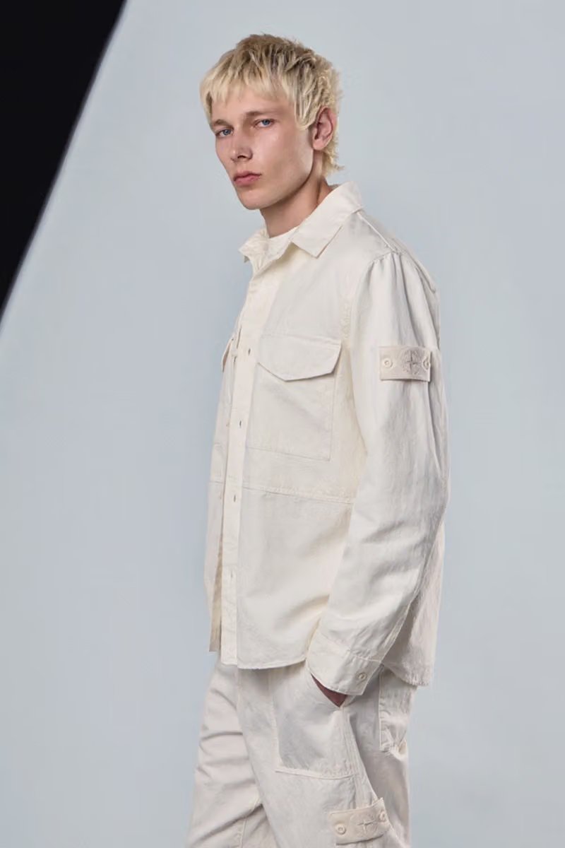 Stone Island all-white Ghost capsule featuring monochromatic David Light-TC coaches jacket and uncoated cotton canvas overshirt - detail view 3
