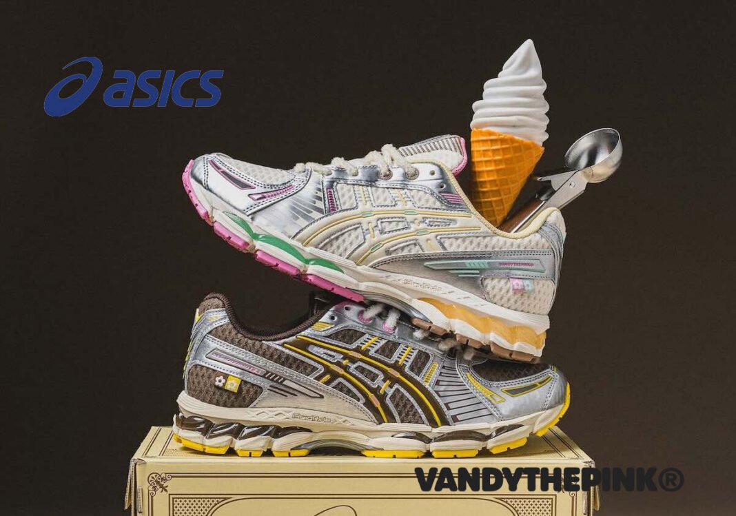 VANDYTHEPINK x ASICS GEL-KAYANO 12.1 Vanilla and Chocolate colorway pack with ice cream-inspired design and silver mirror finishes - detail view 1