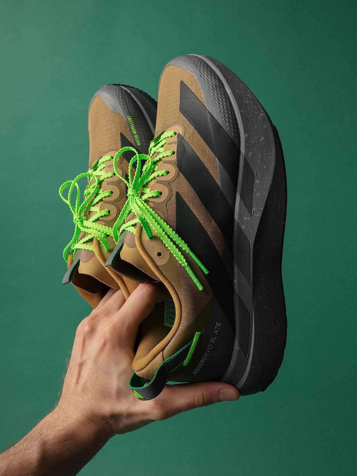 Up There Athletics x adidas Adizero Evo SL ATR in brown ripstop with grey accents and bright green trim detail - detail view 3