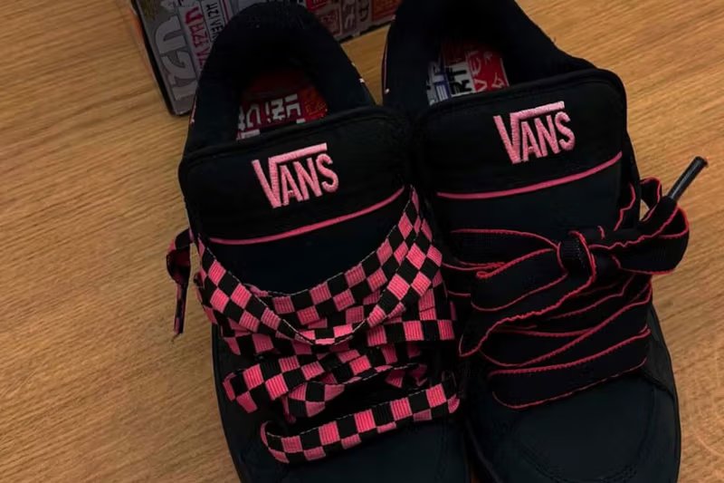 Lil Uzi Vert x Vans collaborative skate sneaker in pink and black colorway, featuring bulky cupsole and checkerboard laces - detail view 1
