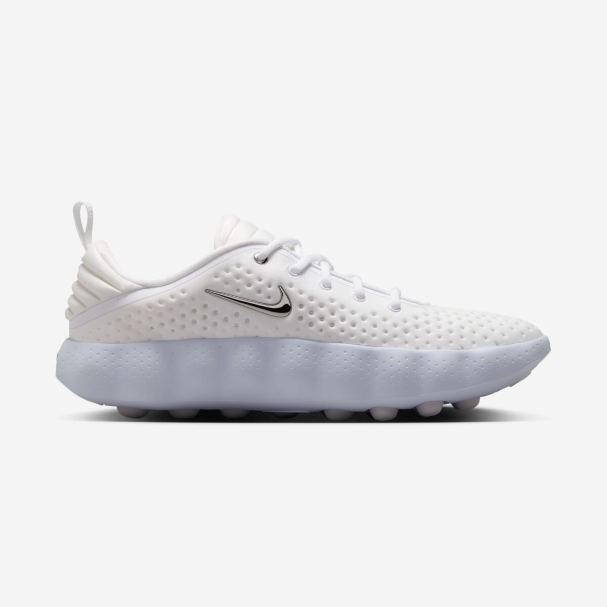 Nike Mind 002 Triple White colorway in white, grey, and metallic silver, releasing July 23, 2026 - detail view 3
