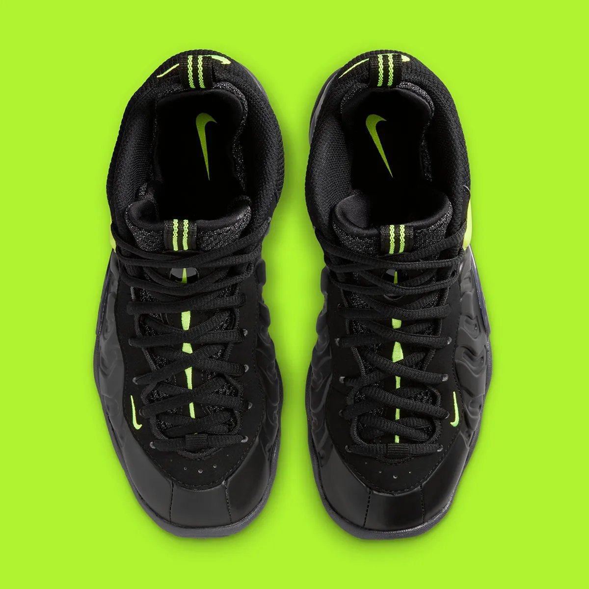 Nike Little Posite Pro Voltage in black with neon Voltage Swoosh, grade school release May 2026 - detail view 4