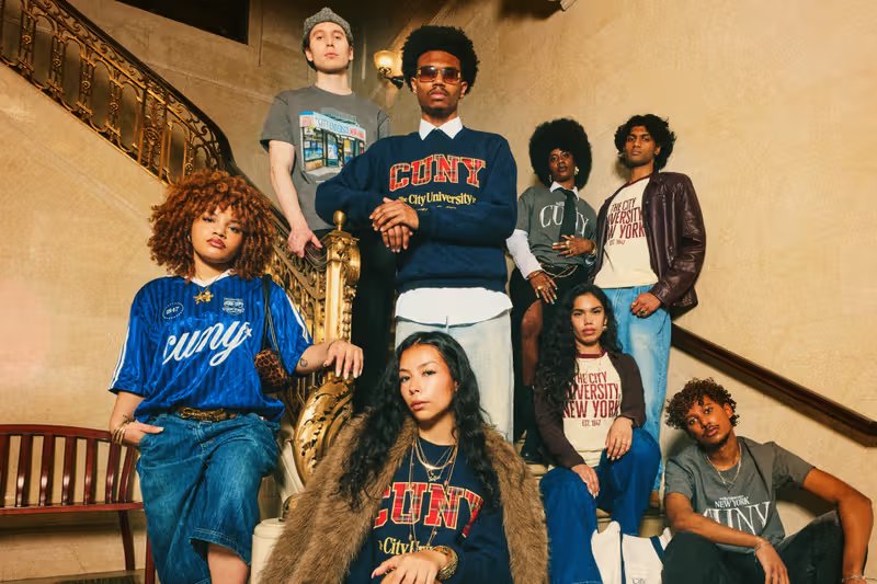 CUNY x adidas NYC by CUNY Spring 2026 collection featuring graphic tees with NYC bodega imagery, denim tote, and campus-inspired crewnecks