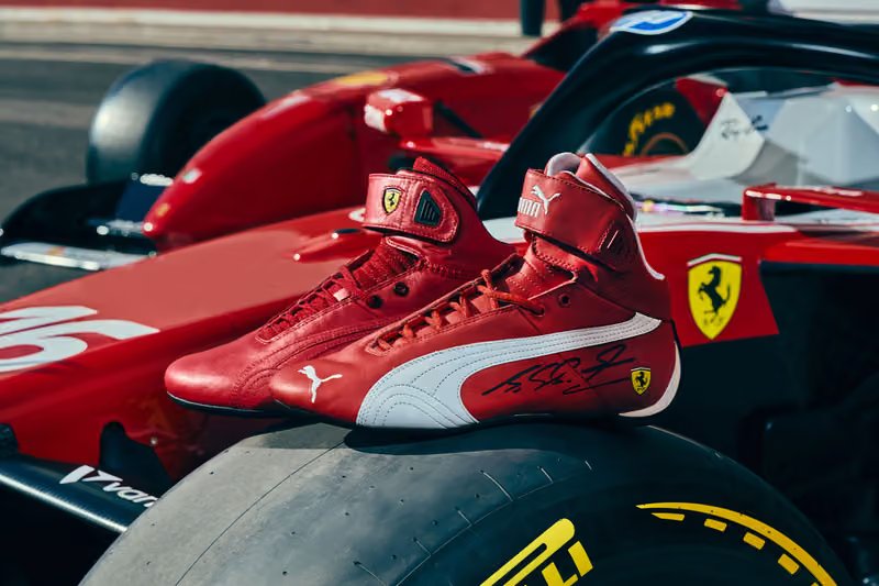 PUMA x Scuderia Ferrari Monza Collection hero featuring red racing jacket and Speedcat Pro sneakers honoring Michael Schumacher