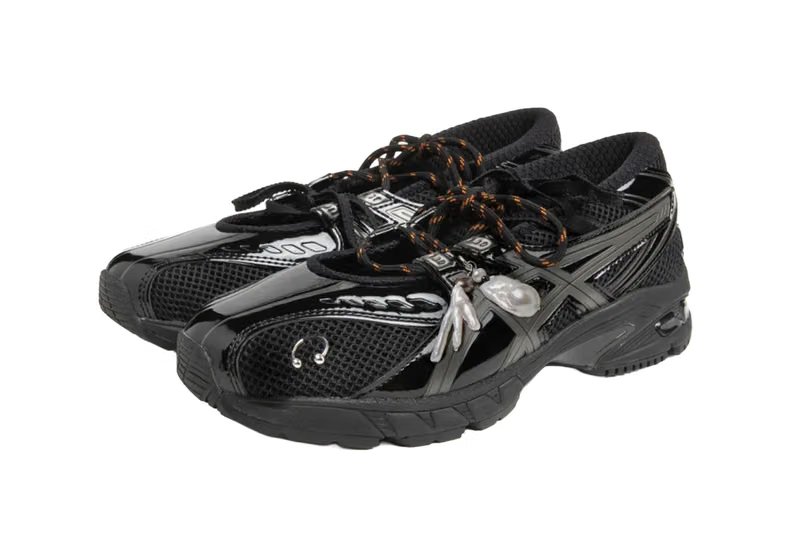Gohar World x ASICS GEL-DS TRAINER SP in black mesh with hand-applied pearl charms, onyx stone, and stainless-steel piercings - detail view 3