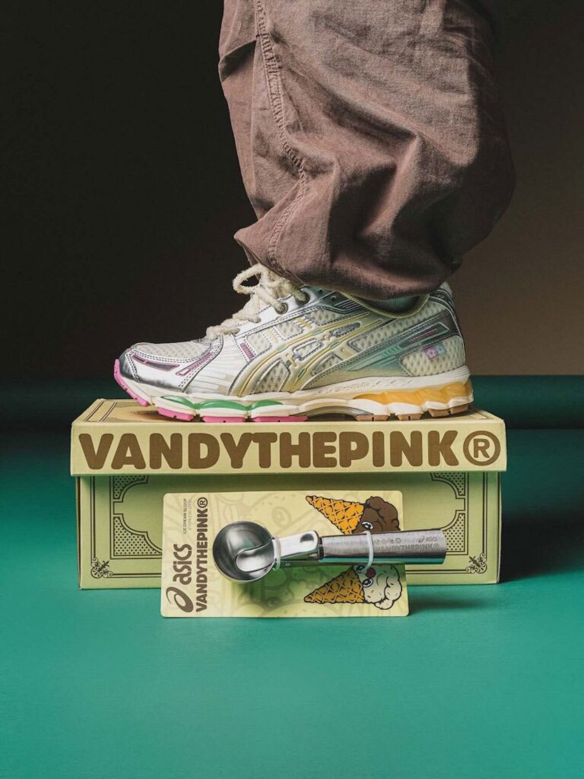 VANDYTHEPINK x ASICS GEL-KAYANO 12.1 Vanilla and Chocolate colorway pack with ice cream-inspired design and silver mirror finishes - detail view 2