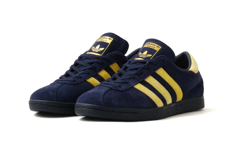 adidas Originals x atmos Tobacco KOYO in navy leather with yellow velour Three Stripes and brown leather with orange velour detailing, inspired by Japanese autumn foliage - detail view 5