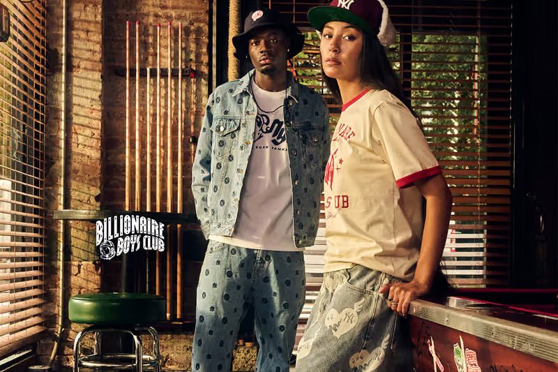 Billionaire Boys Club x New York Yankees Drop II collection featuring embroidered denim trucker jacket and coordinating pieces