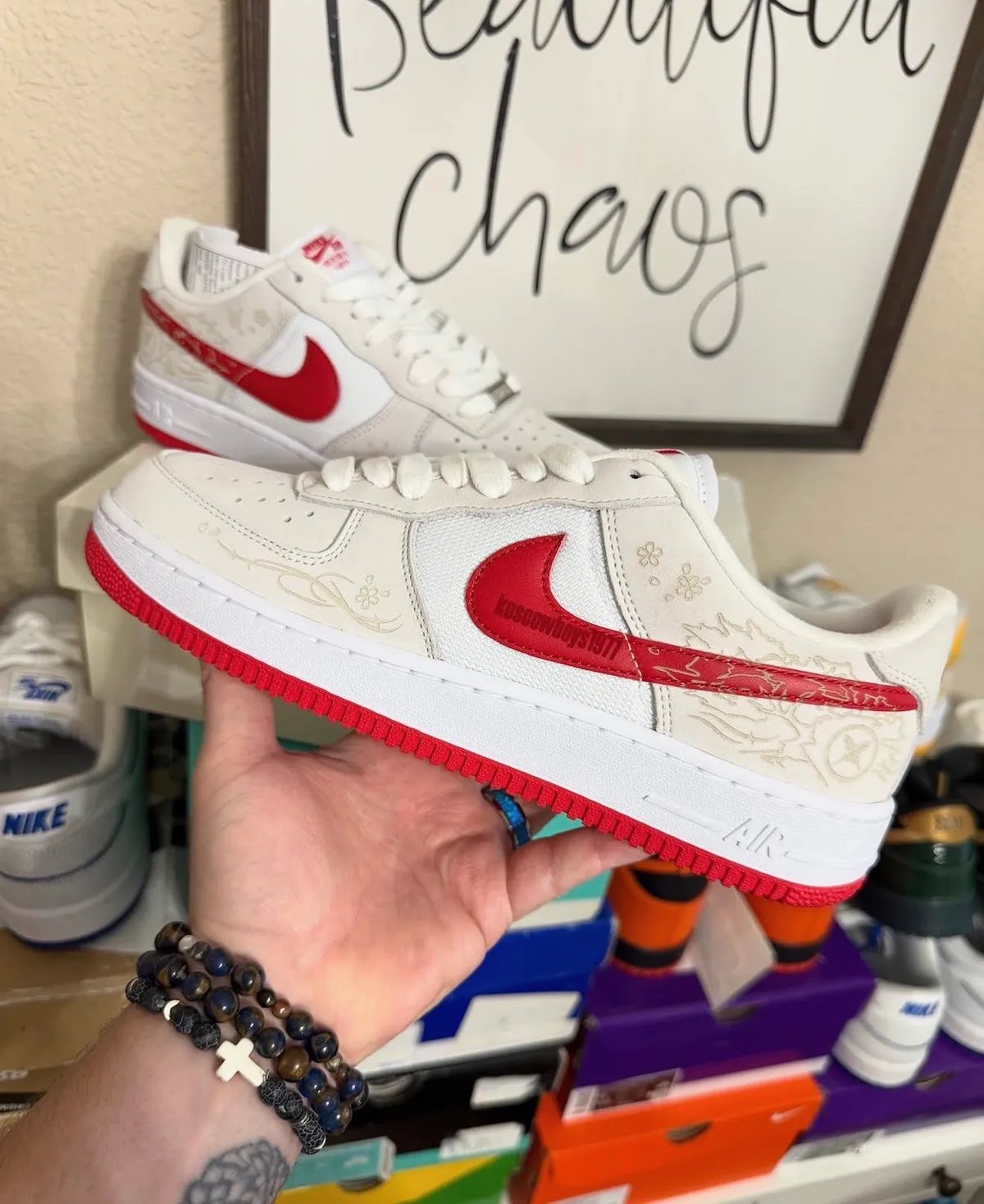 Yuto Horigome x Nike SB Air Force 1 Laser featuring white and red colorway with laser-etched cherry blossom graphics and custom details - detail view 4