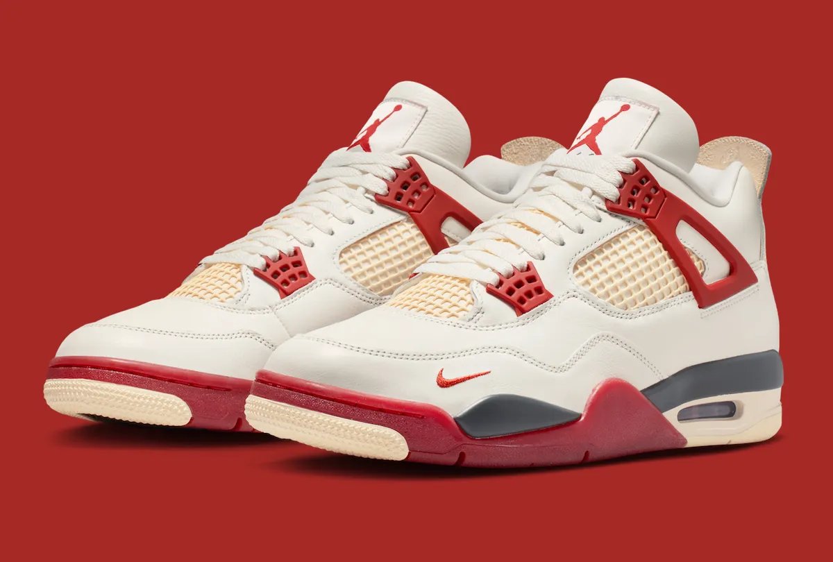 Nigel Sylvester x Air Jordan 4 'Brick After Brick' in Sail, Anthracite, Muslin and Cinnabar colorway, side view showing mesh paneling and flight wings detail - detail view 5