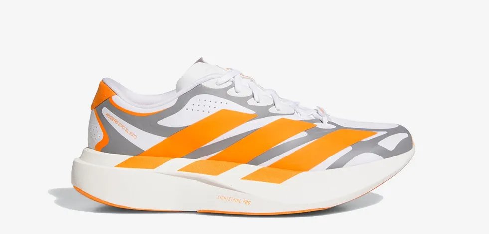 adidas EVO SL EXO in Tennessee colorway featuring white base, metallic silver exoskeleton, and orange Three Stripes with Volunteers branding - detail view 1