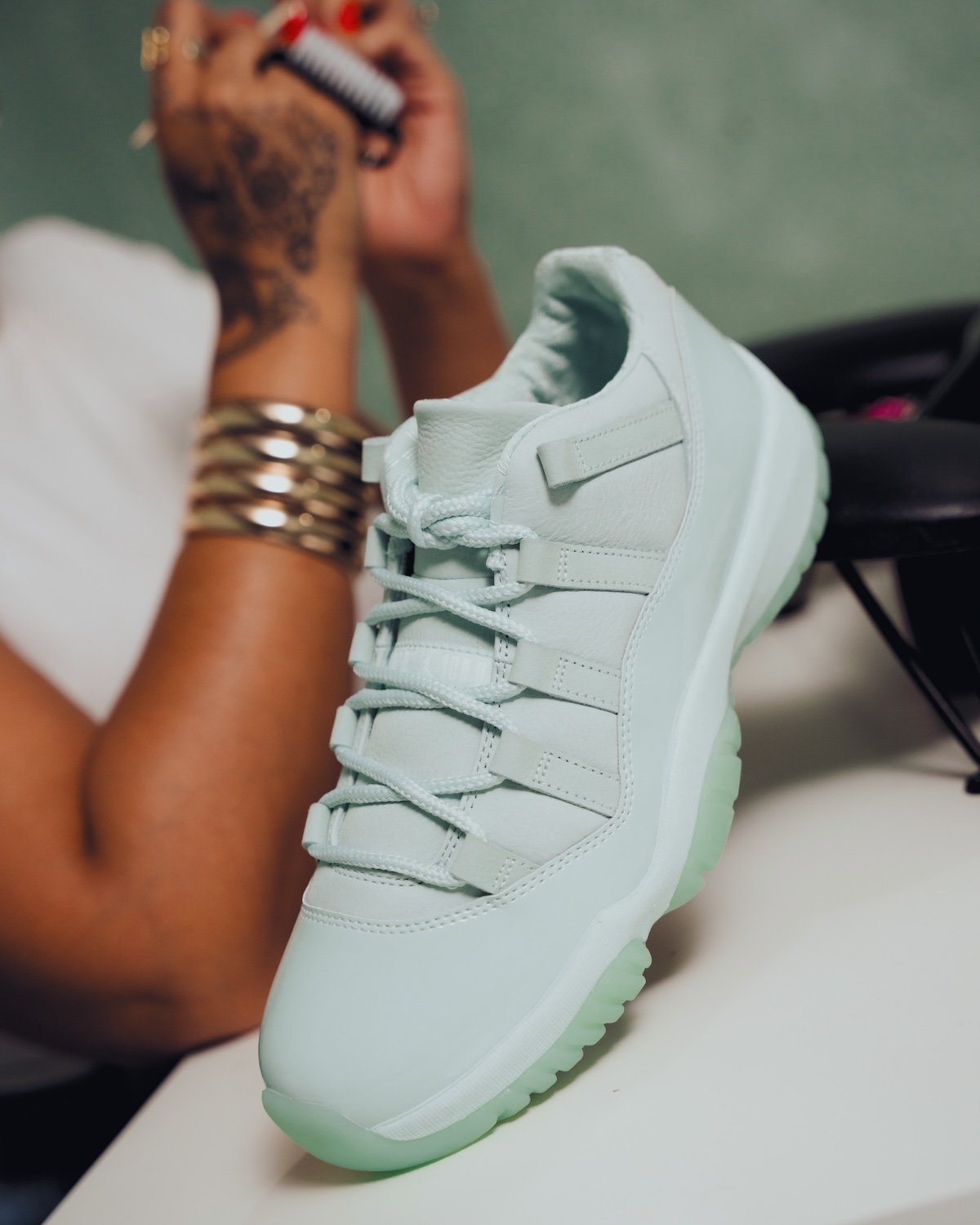 JAIDE x Air Jordan 11 Low in light sage with patent leather mudguard and translucent outsole - detail view 5