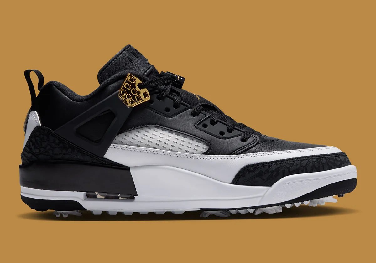 Jordan Spiz'ike Low Golf in black, white, and metallic gold, inspired by the 2006 Defining Moments Package colorway - detail view 3