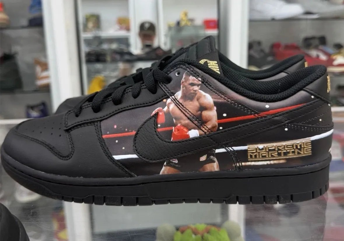 Supreme x Martine Rose x Nike Dunk Low Mike Tyson in black leather with championship imagery on lateral and medial panels - detail view 3