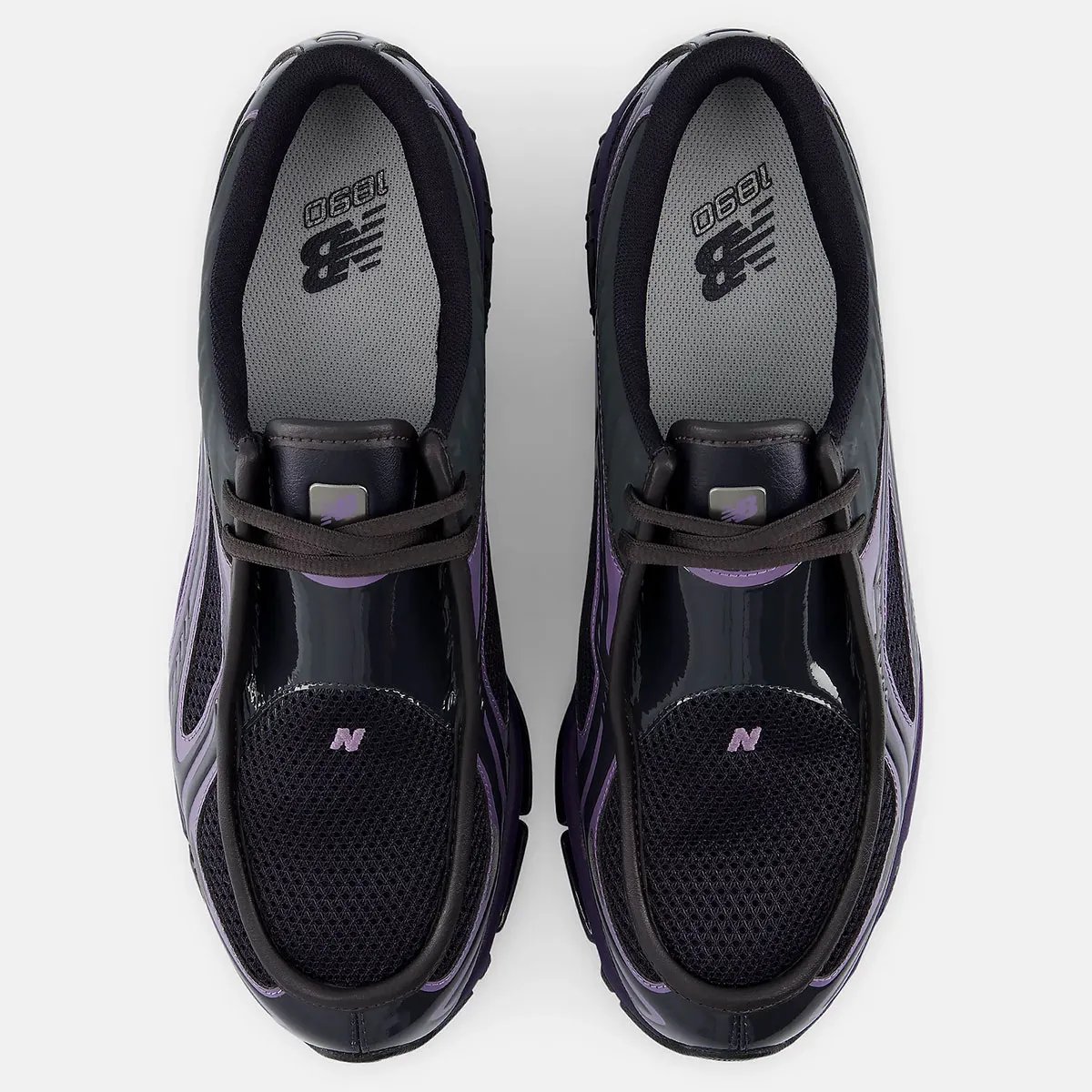 New Balance 1890A Dark Night moccasin in deep royal purple and black with glossy leather bridge detail - detail view 3