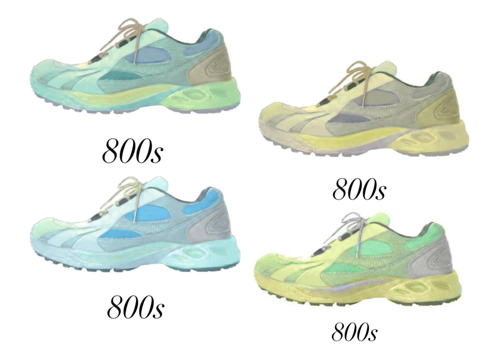Yeezy 800 pastel colorway mockups featuring pale yellow, light grey, and minty green accent panels - detail view 1