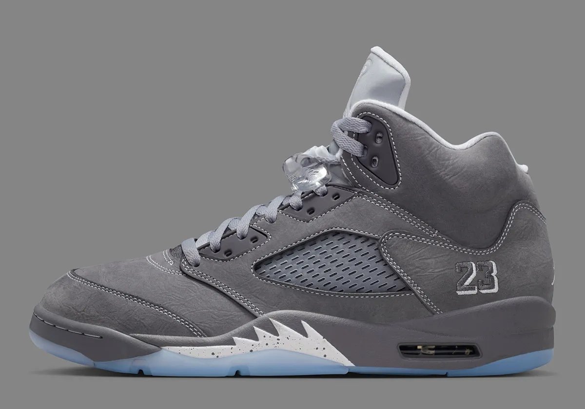 Air Jordan 5 Wolf Grey colorway, full side profile view showing shark-tooth midsole and lace-lock system - detail view 1