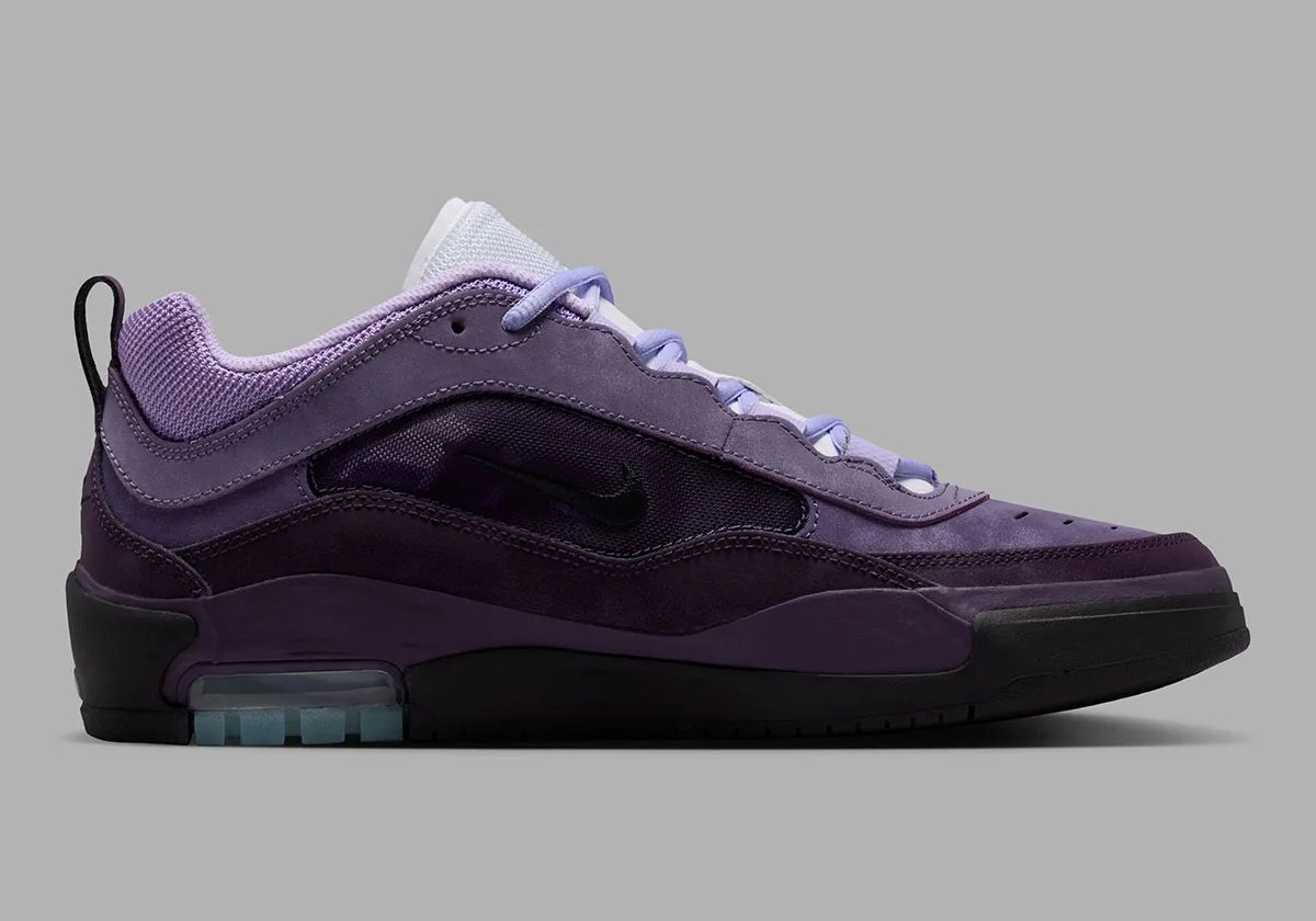 Nike SB Air Max Ishod Triple Purple showing layered purple tones and visible Air unit with white tongue and turquoise traction detail - detail view 2