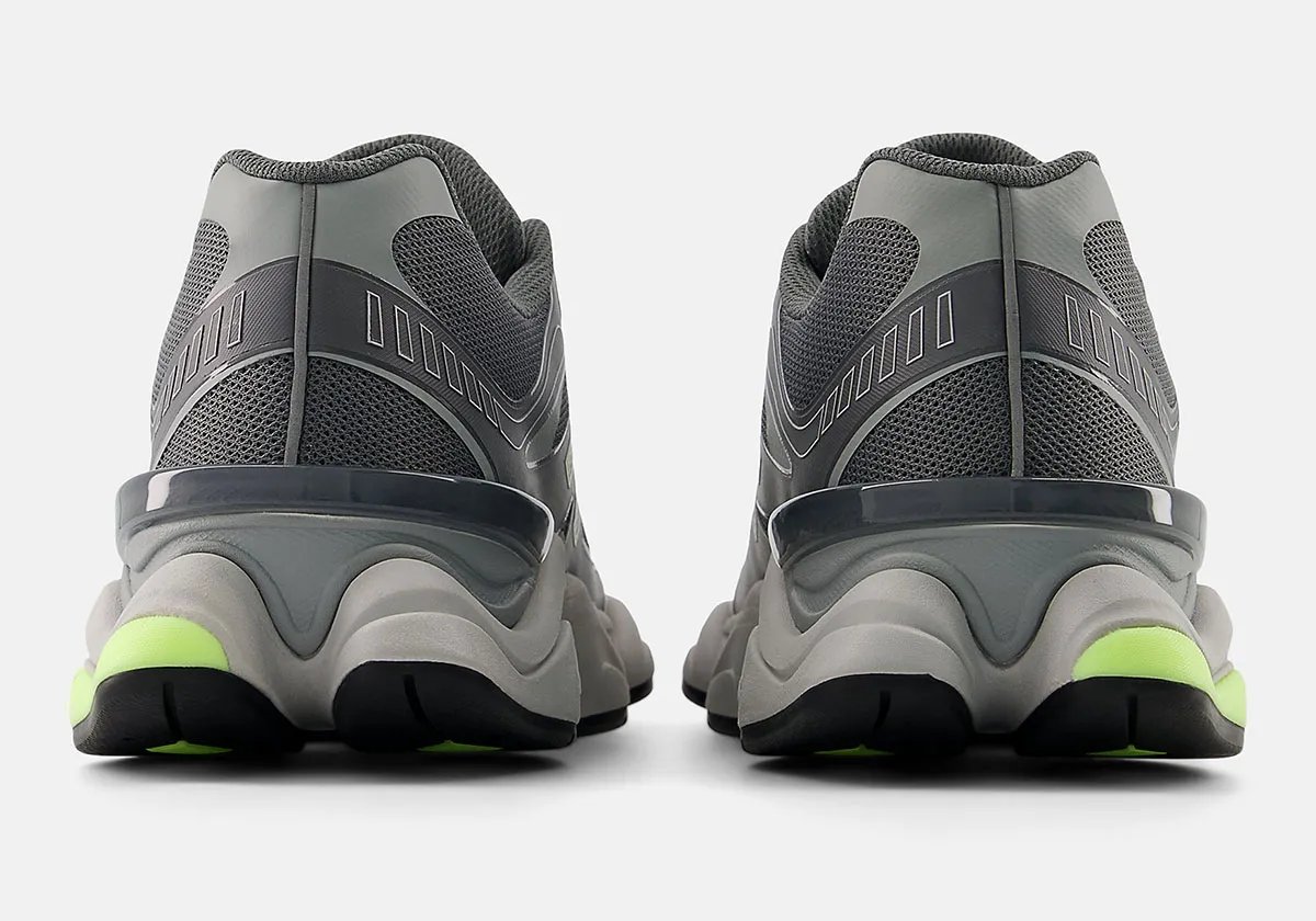 New Balance 9060Z in night vision-inspired colorway showing asymmetrical collar and mixed textile upper - detail view 4