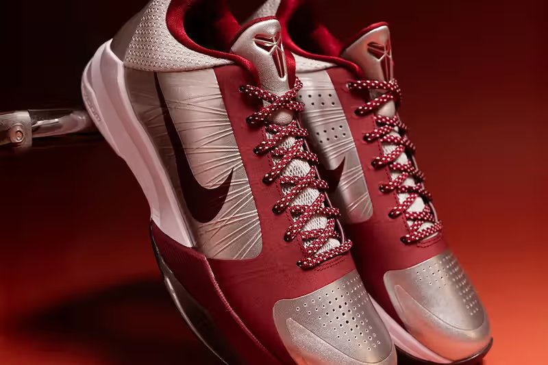 Nike Kobe 5 Protro Lower Merion Aces Away in metallic silver and team red, side view - detail view 3