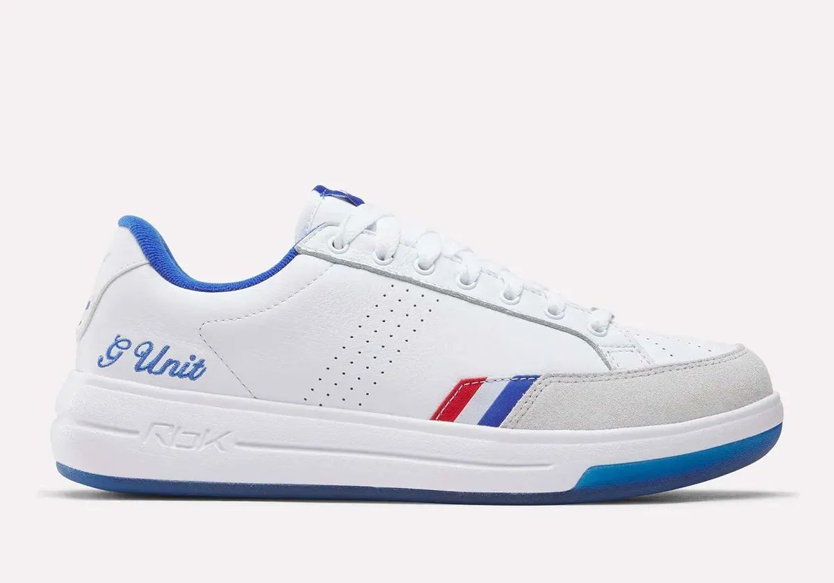 Official product images of the Reebok G-Unit G6 retro in white leather with red and blue accents - detail view 2
