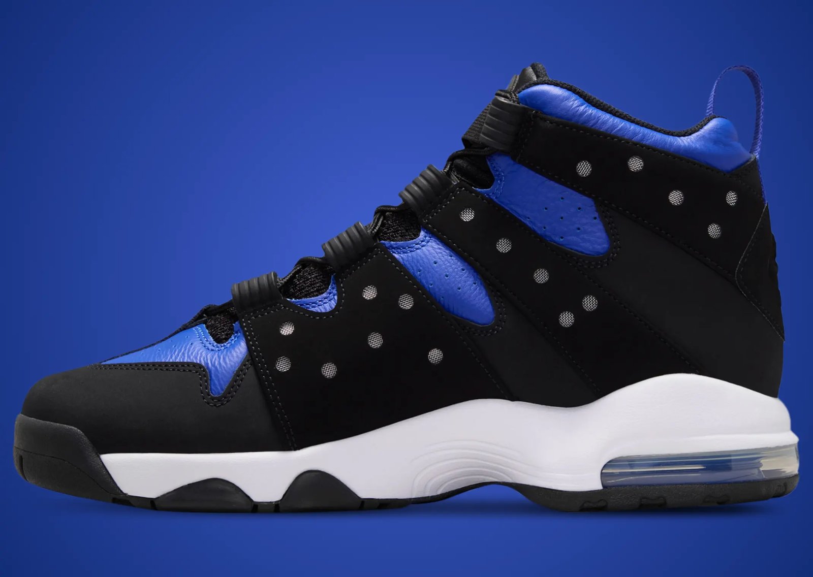 Nike Air Max 2 CB 94 Black Varsity Royal showing black nubuck toe, blue leather upper, and translucent blue Air heel unit - detail view 3
