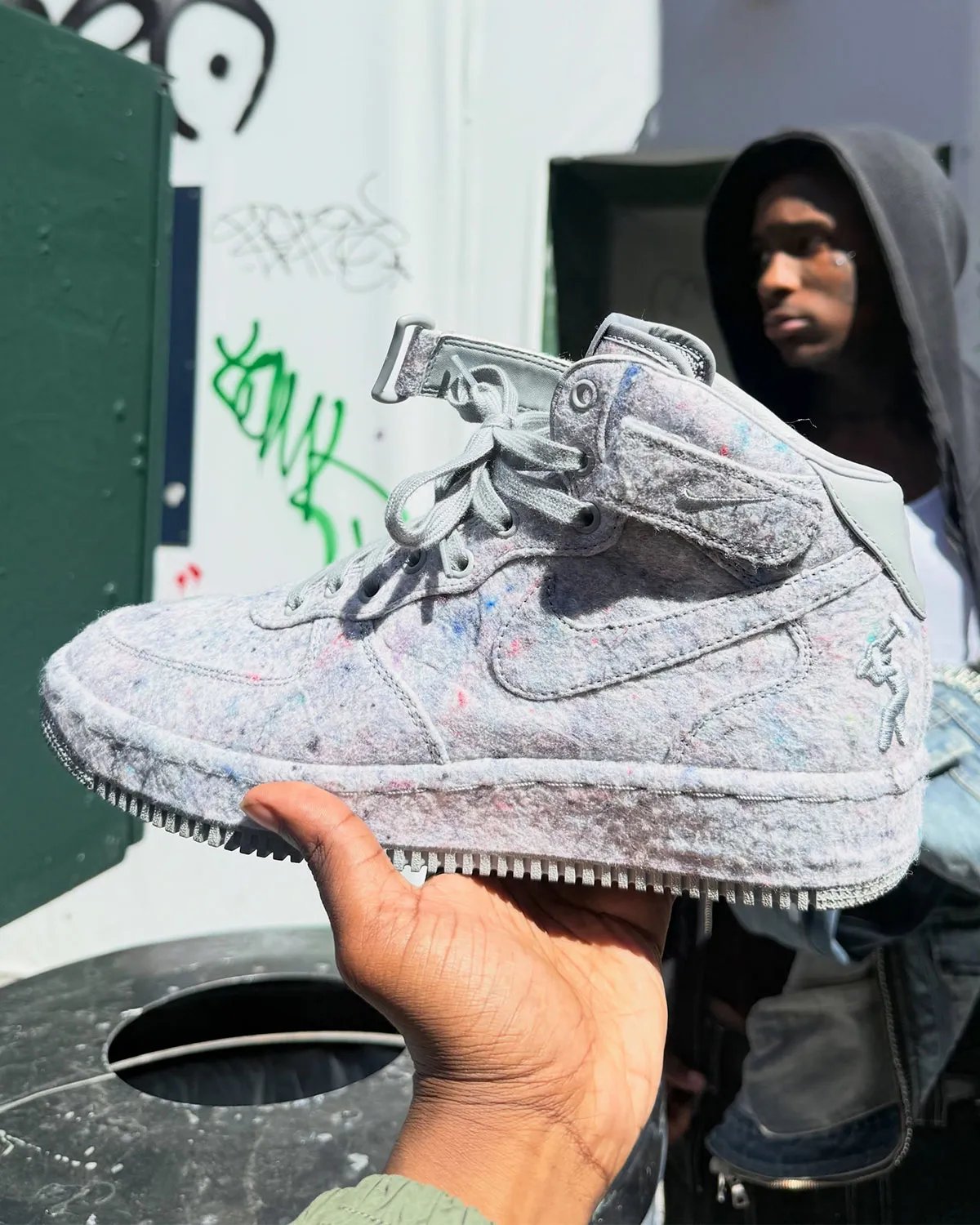 Lil Yachty Nike Air Force 1 Mid Concrete Boys collaboration with textured grey material and multicolored fibers - detail view 1
