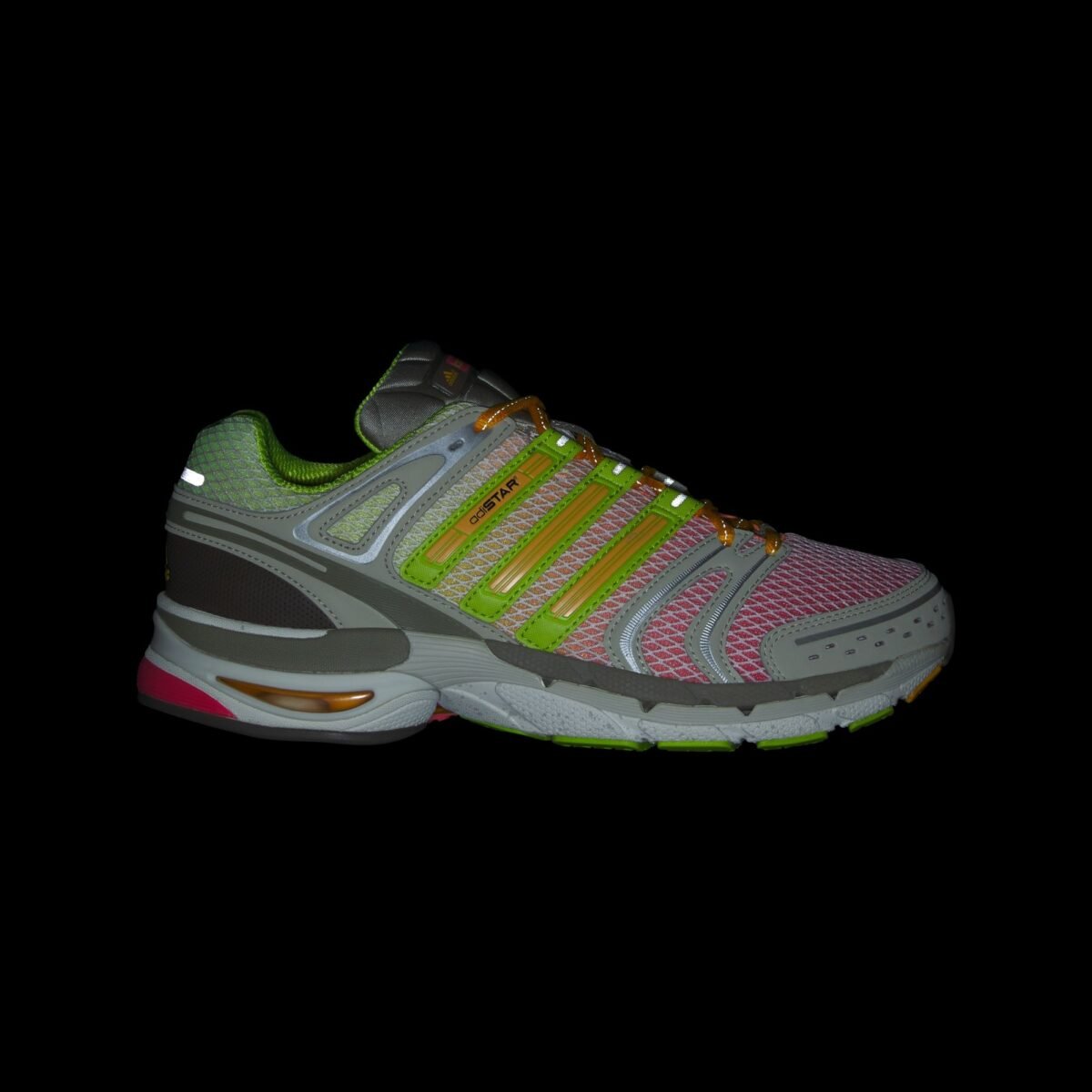 Larry June x adidas Adistar Control 5 'Watermelon Smoothie' in semi lucid red, semi solar slime, and clay colorway with oversized branding on the tongue - detail view 2