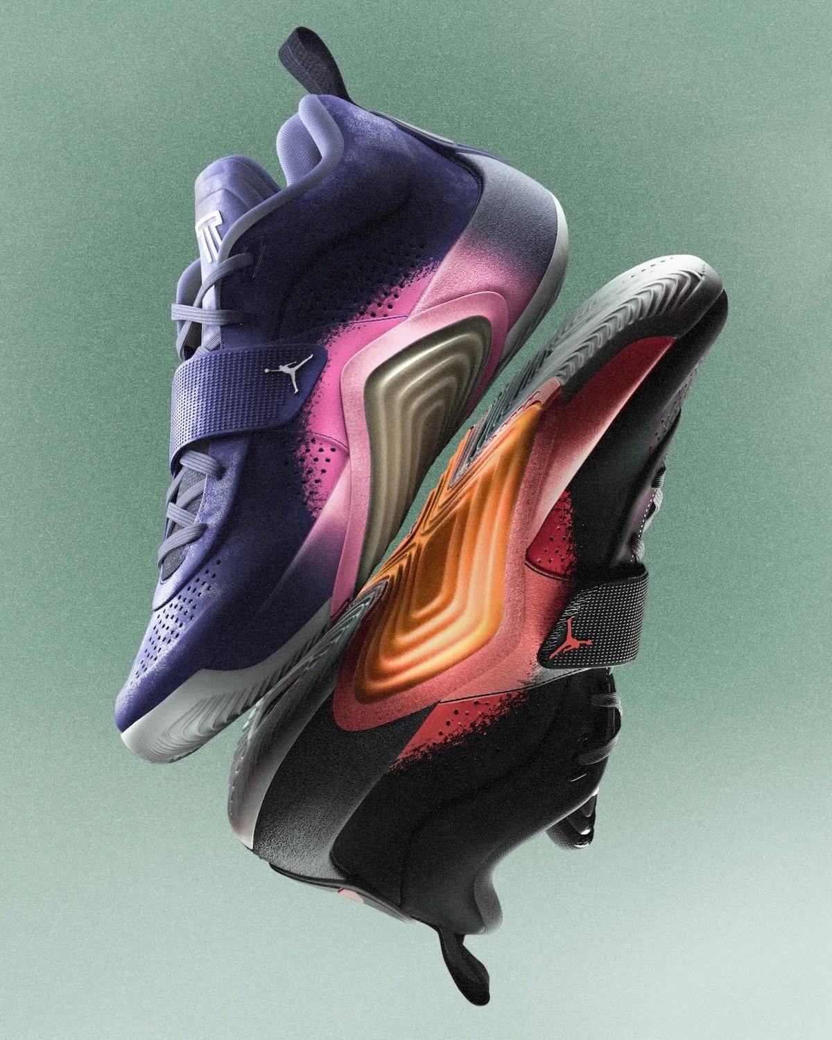 Jordan Brand Tatum 5 basketball shoe in Sunrise colorway, showcasing midfoot strap support and Air Zoom cushioning - detail view 3