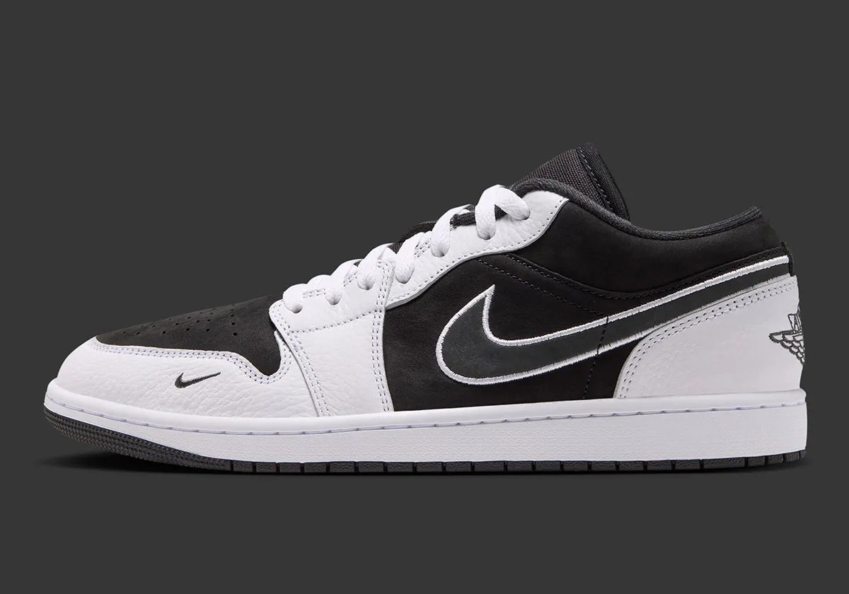 Air Jordan 1 Low SE in black suede and white pebbled leather, shown from multiple angles with white midsole and black outsole - detail view 1