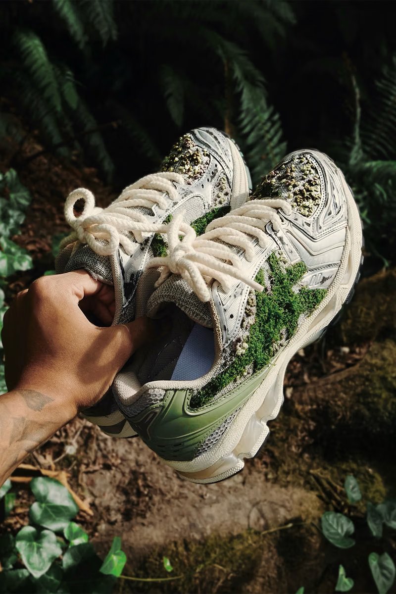 ANT KAI custom ASICS GEL-KAYANO 14 "Moss" featuring hand-stitched moss embroidery, burlap overlay, and distressed metallic accents - detail view 4