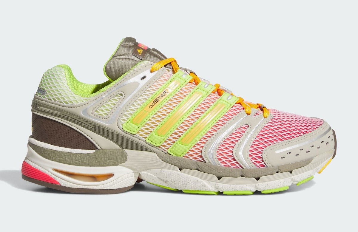 Larry June x adidas Adistar Control 5 collaboration in Semi Lucid Red and Semi Solar Slime-Clay, featuring layered grey and beige upper with green, orange, and red accents - detail view 2