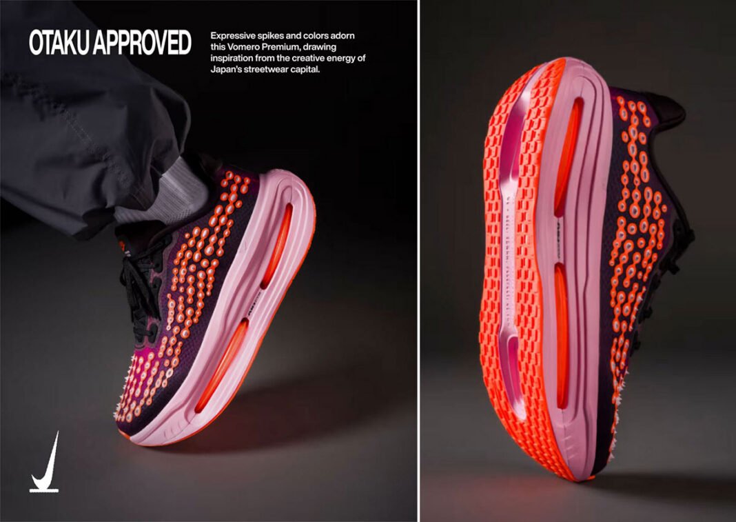 Nike Vomero Premium 'Otaku Approved' in Black, Arctic Pink, and Total Orange with textured mesh upper and oversized midsole - detail view 1
