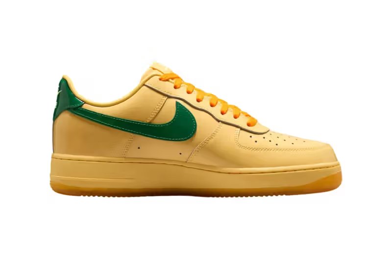 Nike Air Force 1 Patent Leather Pack in three colorways: Topaz Gold/Light Laser Orange, Dark Team Red/Safety Orange, and Mystic Navy/Grape Ice - detail view 2