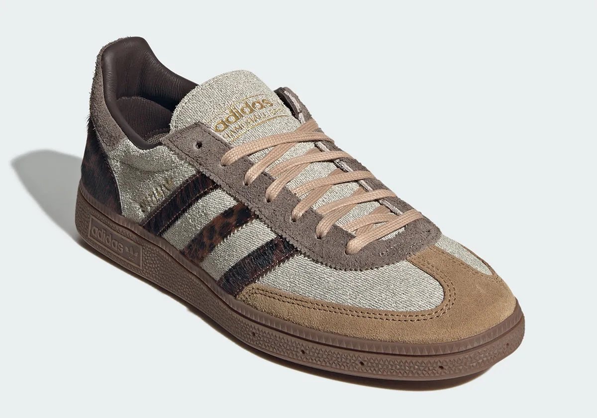 adidas Handball Spezial in grey denim with cheetah pony hair stripes and caramel suede toe overlay - detail view 1
