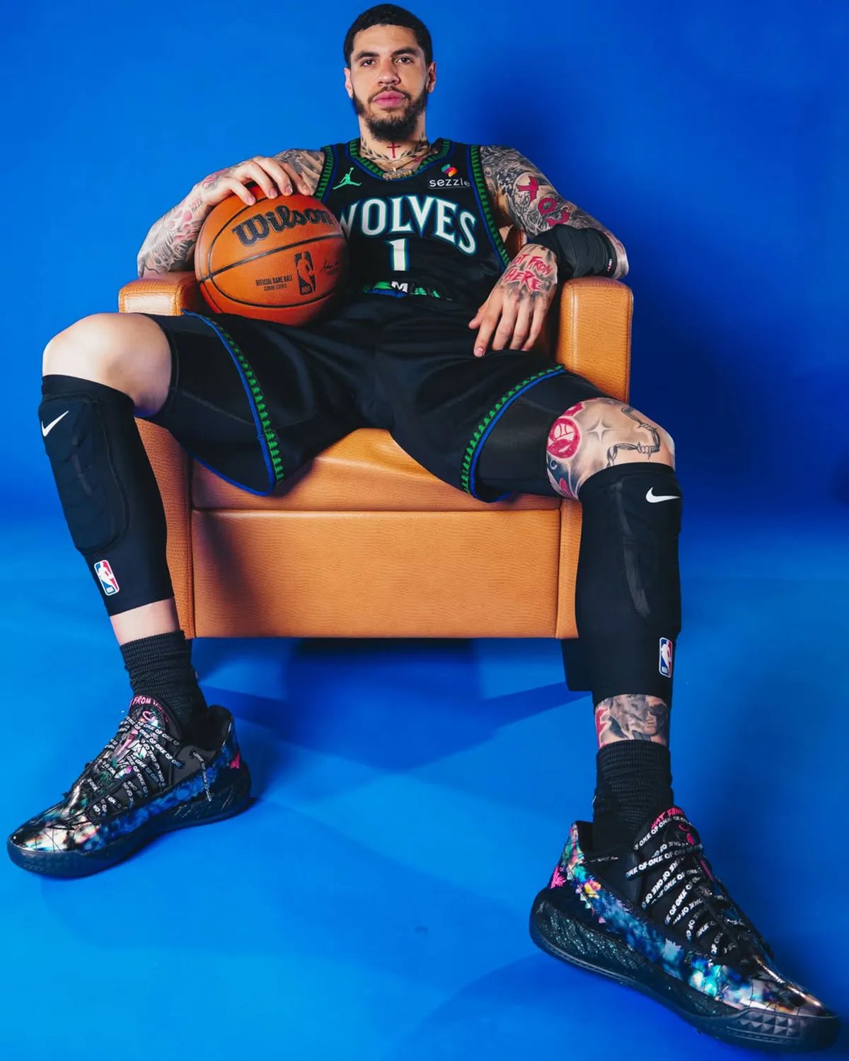 LaMelo Ball wearing the PUMA MB.05 Lo All-Star black colorway during his inaugural Minnesota Timberwolves photoshoot - detail view 1