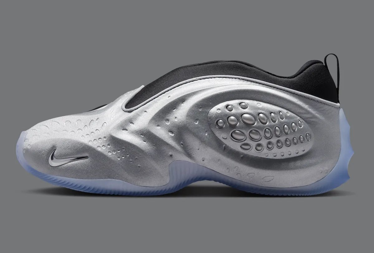 Nike First Sight Shadow in Metallic Silver with black neoprene bootie, showing molded shell construction and translucent icy outsole - detail view 3