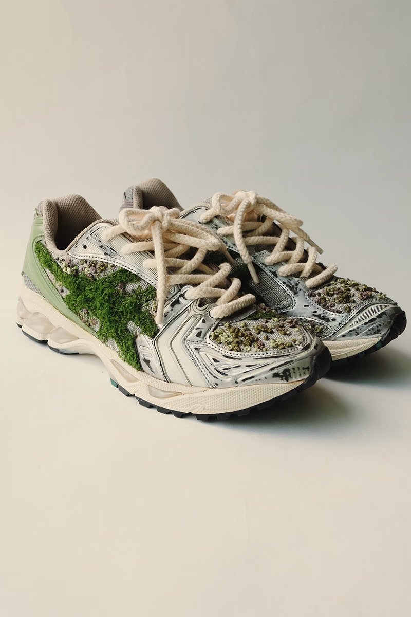 ANT KAI custom ASICS GEL-KAYANO 14 "Moss" featuring hand-stitched moss embroidery, burlap overlay, and distressed metallic accents - detail view 1
