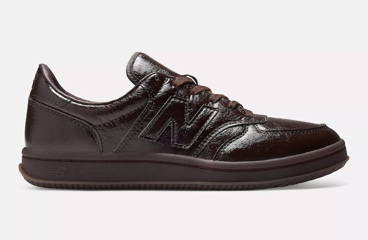 Jack Harlow x New Balance T500 "Olmsted" in Black Coffee leather, shown from the side profile highlighting the soft wrinkled upper and brown midsole. - detail view 4