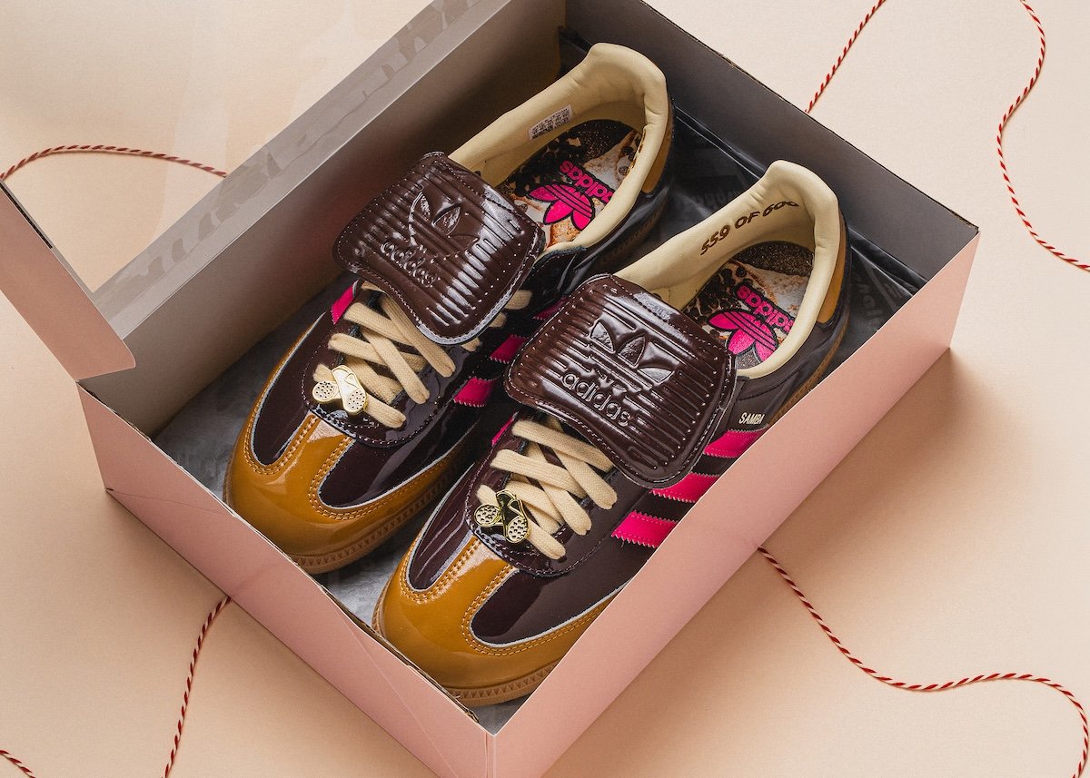Asphalt x adidas Samba Cannoli in wheat and brown colorway with interchangeable Velcro tongue and custom cannoli charm - detail view 3