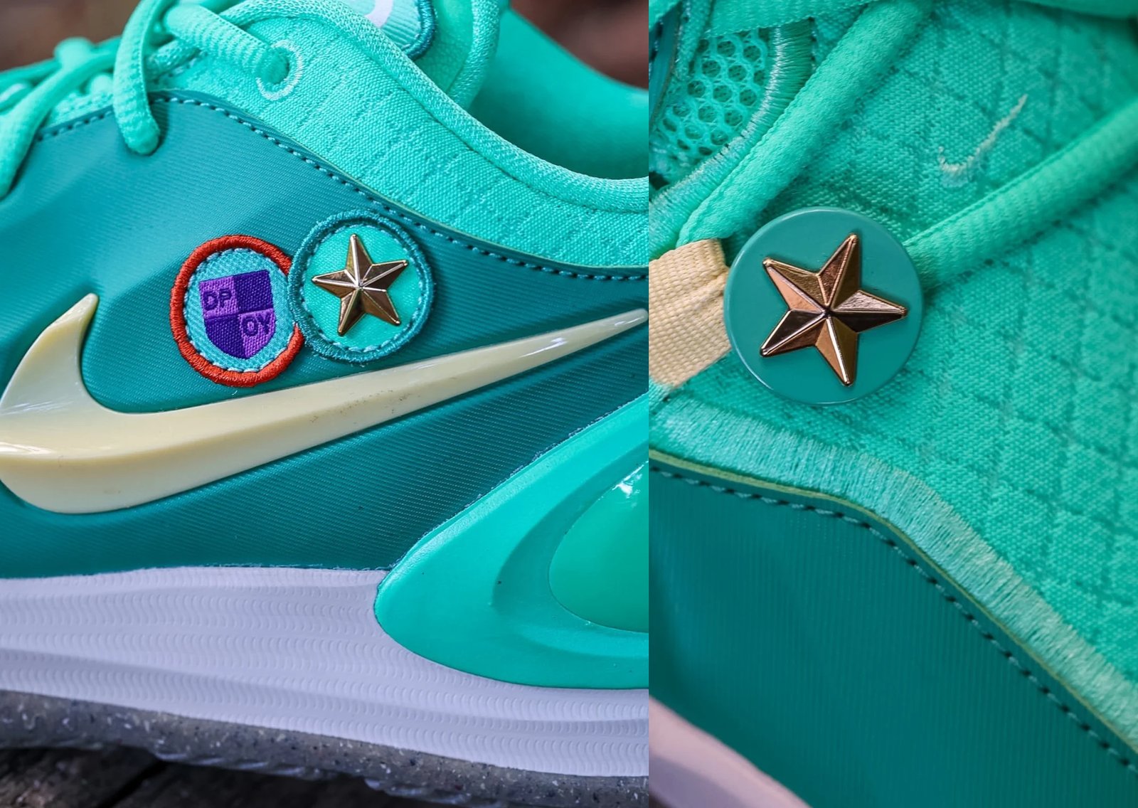 Nike A'Two Girl Scout PE in dual teal with white and gold accents, featuring embroidered merit badges above the Swoosh - detail view 2
